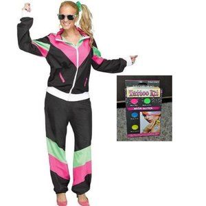 80's Track Suit & Tattoo Kit Halloween Costume M/L Retro Disco Diva 3 Pc Womens